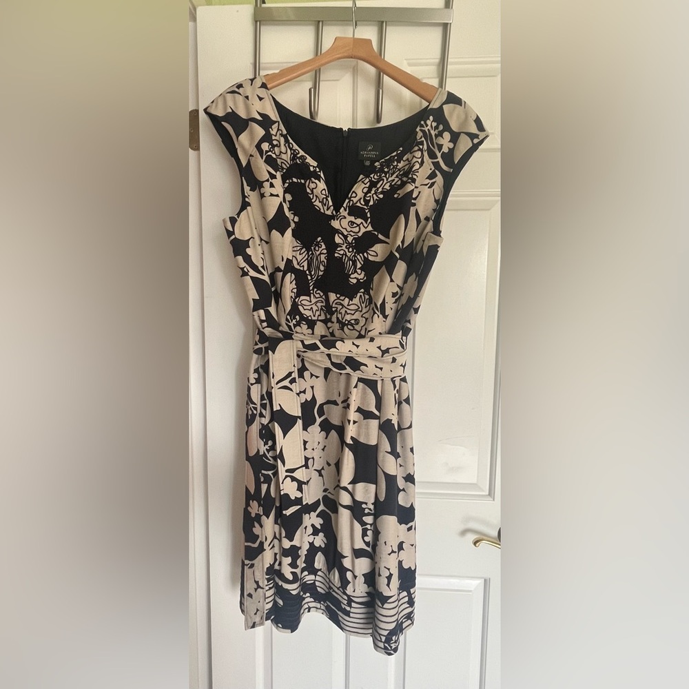 Adrianna Papell Navy & Cream Floral Midi Dress with Soutache (braided cord) trim